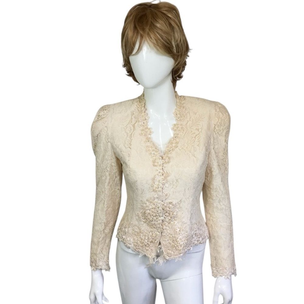 Cachet by Bari Protas Vintage Romantic Champagne Lace Blouse  / Jacket Size S